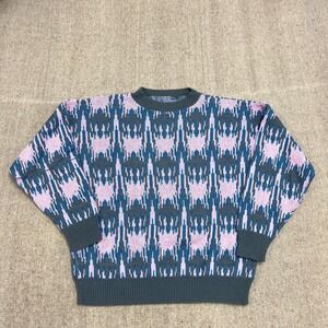 Vintage Art Sweater Mens Medium Gray 1980s Pattern Argyle Jacquard Geometric